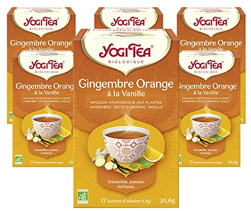 YOGI TEA, Gingembre Orange à la Vanille, Infusion Bio, Tisane Naturellement Sans Caféine, Mélange de Gingembre, Ecorce d'Orange et Vanille, 102 (6x17) Sachets de Thé