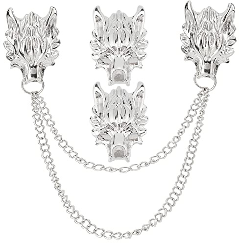 ORGECRAFT 2 Pcs Broche Longue Chaîne Tête De Loup Épingles de Col Broche Chaîne Gland Épinglette pour Hommes Vêtements Décoration Accessoires Mari Anniversaire Cadeaux (Argent)