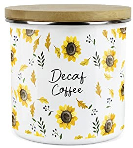 Purely Home Yellow Sunflowers Decaf Coffee Storage Canister - White Metal Enamel Kitchen Food Storage Container