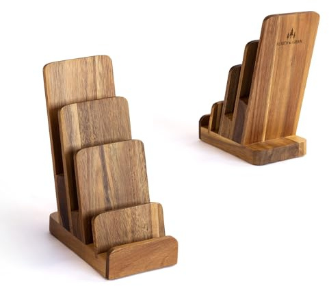 Hearth & Haven 4-Tier Acacia Wood Brochure Display Stand - Waterproof Literature Holder w/Non-Slip Base - Fits 30 Brochures & 30-40 Business Cards - 7.9” X 6.5” X 3.5”