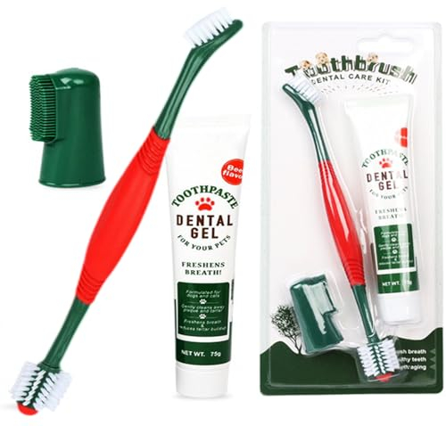 3 Stück Hundezahnpasta-Zahnpflegeset Langem Griff Hundezahnbürste mit 2 Bürstenköpfen Hundezahnpasta und Massagebürste gegen Zahnstein & Mundgeruch Gum Reduzieren Plaque, Zähne