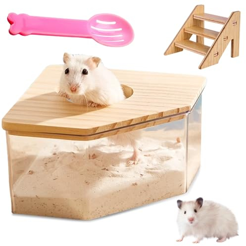 HOMURY Transparentes Acryl-Sand-Badezimmer für Hamster Hamster Sandbadbox mit Leiter und Naturholzabdeckung und Schaufel, Hamsterbad-Sandkasten, für Hamster, Rennmäuse (Dreieck)