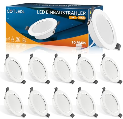 COTLEDL LED Einbaustrahler 230V Flach 10er Set, 5W LED Spots IP44 Bad Einbauleuchten Warmweiß 3000K Deckenspots, 450LM Einbaustrahler Einbauspot Loch 68-80mm für Badezimmer Wohnzimmer Küche