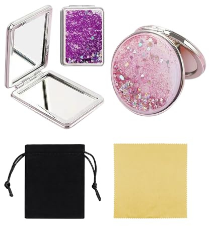 ZBHDEYG 2 espejos de bolso con arena móvil, 1 paño, 1 bolsa de terciopelo, compacto y plegable, espejo de viaje