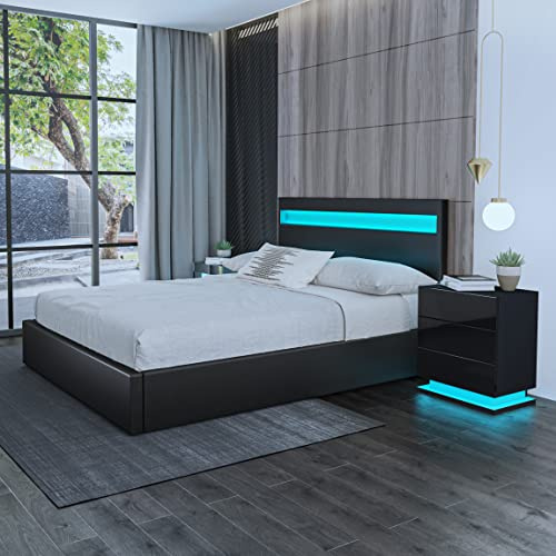 3ft Single Ottoman Storage Bed With Gas Lift, LED Lights - Faux Leather Upholstered Frame in Black - Bedroom Furniture