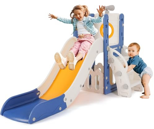 Kinderrutsche, für 1-3 Jahre, Indoor & Outdoor Rutsche ab 1 Jahre, Freistehende Rutsche mit Stauraum & Spielteleskope, Gartenrutsche, Kinder Spielplatz, mit 2PCS Moduls, Blau Gelb