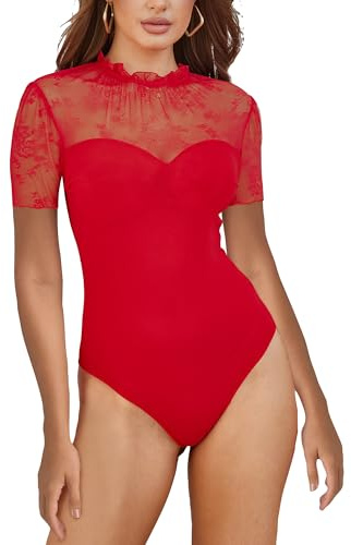SEBOWEL Body in pizzo da donna, sexy, a maniche lunghe, in rete, con scollo a V, elegante top trasparente, A-rosso, XL