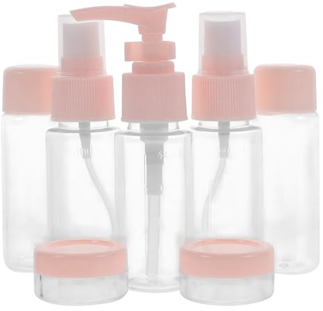 Lot de 7 Flacon Voyage Set, Bouteilles de voyage 60 ml, Petits pots de crème, Vaporisateur transparent, distributeur à pompe shampoing, accessoires de voyage pour cosmétiques (Rose)