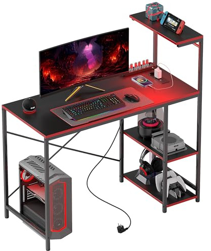 HOMCOM Mesa Gaming con Luces LED 110x50 cm Escritorio Gaming de Fibra de Carbono Mesa Gamer con Tomas de Corriente Estantes y Control Remoto para Oficina Estudio Negro
