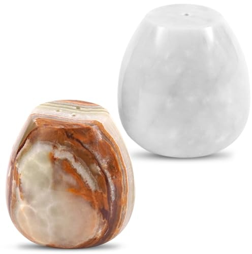 Earthen Crafts Juego de 2 saleros y pimenteros de mármol, ónix verde y blanco, contenedor de almacenamiento de sal y pimienta de 2.3 pulgadas, dispensador de especias para mesa de comedor, encimera