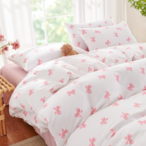 Freyamy Housse de Couette 140x200 Noeud Papillon avec 1 Taies d'oreiller 65x65 cm - Parure de Lit Rose et Blanche en Microfibre - Réversible Filles Linge de Lit 1 Personnes avec Fermeture Éclair