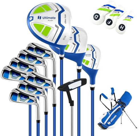 COSTWAY Ensemble Club de Golf Portable pour Hommes, Set Complet de Sac Trépied avec Driver 460CC #1, Bois #3 Hybride Fers #5#6#7#8#9#P #S Putter, Couvre-Chefs pour Droitier (Bleu)