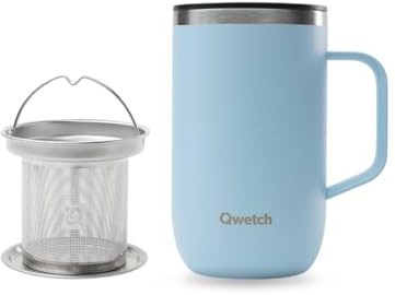 QWETCH - Thermobecher de acero inoxidable reciclado con asa y filtro en azul pastel – Botella termo de 470 ml – Termo para café y té – 6 horas caliente y 12 horas frío – Cierre deslizante con