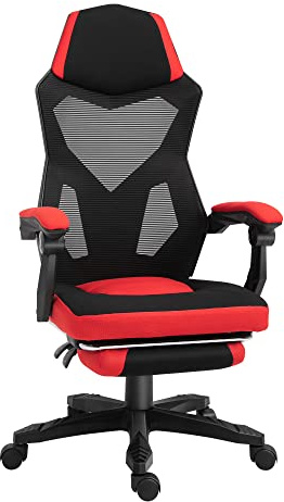 Vinsetto Sedia da Ufficio Ergonomica con Poggiapiedi Retrattile e Schienale Alto, Sedia da Scrivania Reclinabile Girevole con Altezza Regolabile, Supporto Lombare, in Tessuto a Rete, Rossa