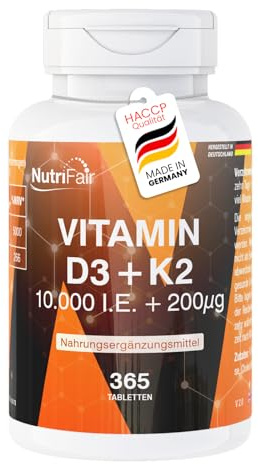 Vitamine D3 + K2-365 comprimés - 10.000 UI + 200μg - Hautement dosé – Fabrication allemande et testé en laboratoire - NutriFair | Premium & Fair