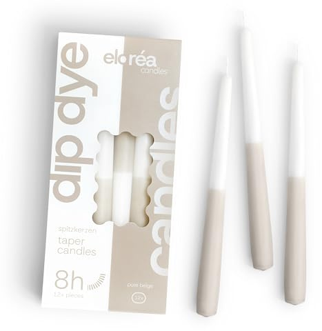 eloréa Dip Dye Spitzkerzen – 12 Stück - H25xØ2,3cm – Made in Germany - RAL-Qualität (Pure Beige)