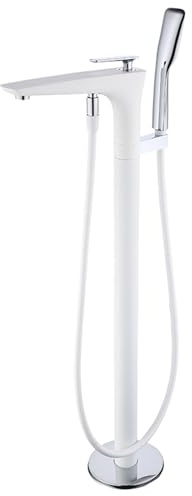BiaoTeng Robinet de Baignoire Sur Pied avec Douchette eau Chaude et Froide Robinet de Baignoire au Sol Laiton Blanc + Chromé
