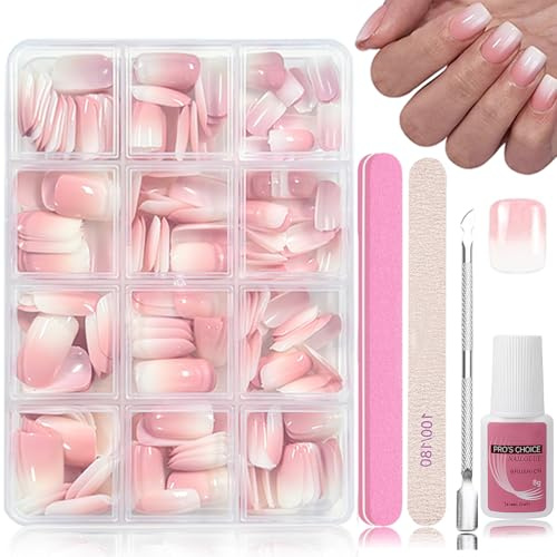 Virellay 288 Stück Gradient Falsche Nägel Zum Aufkleben Set, Weiß Rosa Ombre Press on Nails, Full Cover Square Künstliche Nägel Tips für Maniküre DIY, Glänzend Fake Nails für Frauen(Kurz Quadrat)