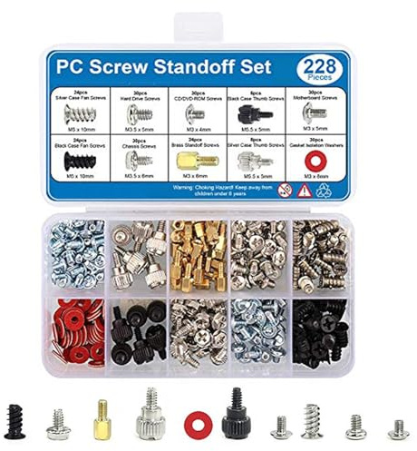 WIIYENA Kit de vis et entretoises PC 228 pièces pour boîtier d'ordinateur, disque dur, carte mère et refroidisseur, laiton et acier, 10 types