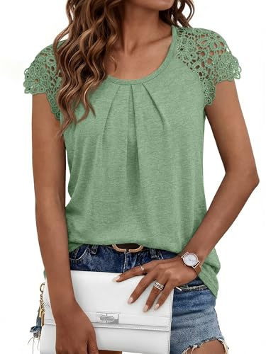 LILLUSORY Womens Lace Cap Sleeve Tops Summer Scoop Neck T Shirts | Pleated Cold Shoulder Tshirts Ladies Mature Clothes Dressy Casual Business Capsule Wardrobe Clothing