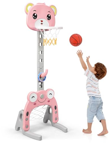 HOMASIS Juego de canasta de baloncesto 3 en 1 para niños, soporte de baloncesto multifuncional con portería de fútbol y lanzamiento de anillos en forma de animal, altura regulable, canasta de