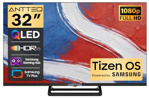 Antteq 32 inch Smart TV, FHD QLED TV Central Stand Design Tizen OS Television with AppleTV+ Netflix Freeview Gaming Hub, MEMC HDR10 Ideal Large Screen for Living Room, Made in the UK