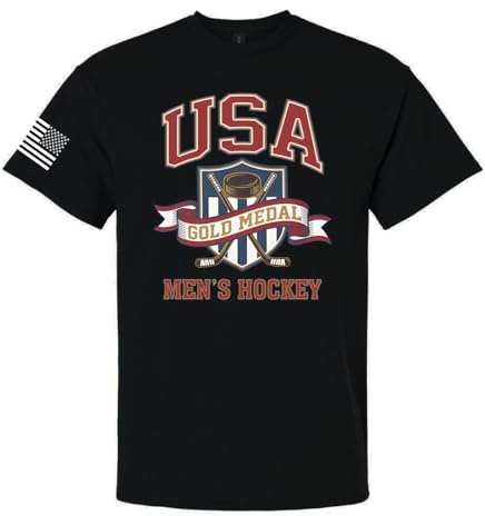 Trenz Shirt Company Men's Hockey Gold Medal T-Shirt - 2026 USA Champions Shield & Ribbon Graphic Tee-Black-Large
