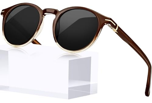 KANASTAL Occhiali da Sole Marroni Neri Rotondi Donna Uomo Polarizzati Piccoli Scuri Acetato Tondi Cerchio Vintage Retrò UV400 TR90 Brown Sunglasses Women Men per Viaggio Guida -Montatura Marrone