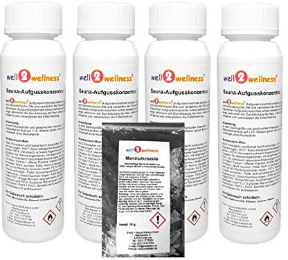 Well2wellness ® Set Esencias Sauna 4 X 125ML 'Floral' con Jazmín, Pétalo, Almendros en Flor, Flor de Heno + Gratis 10g Mentol