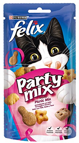 FELIX Party Mix Snack per Gatti Adulti con Pollo, Formaggio e Tacchino 8 Confezioni da 60g