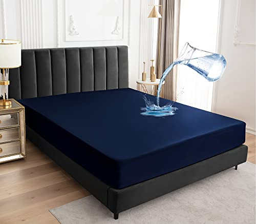 Wasserdichter Matratzenschoner 200x200cm Spannbettlaken, Atmungsaktive Matratzenbezug wasserdicht Matratzen-Schutz Nässeschutz Spannbetttücher - Dunkelblau