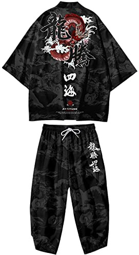 DOSLAVIDA Men's Japanese Kimono Cardigan Suit Chinese Style Printed Jacket Pants Set Open Front Seven Sleeve Top & Shorts