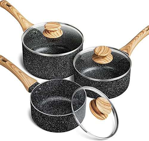 MICHELANGELO Saucepans Sets 14cm, 18cm, 20cm, Non Stick Saucepan Set, Saucepans with Lid 14cm, 18cm, 20cm, Cooking Pots with Lid, Ergonomic Bakelite Handle, Black