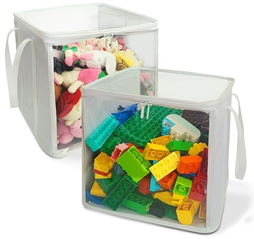holay 2 Pack Storage Bins PVC Boxes with Transparent Lid & Handles - Durable & Foldable - Multi-Purpose Organizer for Clothes, Books, and More (White, Large)