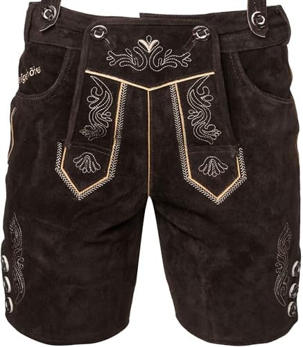 STEIGENHÖFER Lederhose Herren Tracht kurz - Anton - Trachtenhose mit Trägern - 100% Rindsleder - Traditionelle Echtlederhose - Ideal für Dein Oktoberfest Herren Outfit - Dunkelbraun - 50