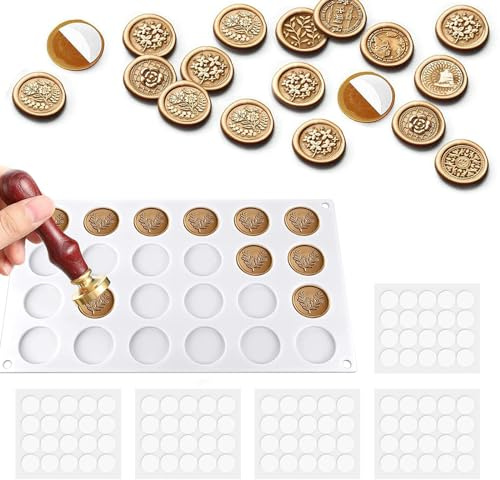 Silicone Mat for Wax Seal Stamp - Silicone Stamp Wax Shaping Mold with 24 Round Stamp Grooves, Includes 100 Adhesive Dots for Crafts, DIY, and Letter Envelope Sealing