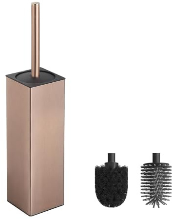 BVL Escobilla de inodoro de color oro rosa, escobilla cuadrada de silicona y soporte, incluye 2 cabezales de cepillo de secado rápido