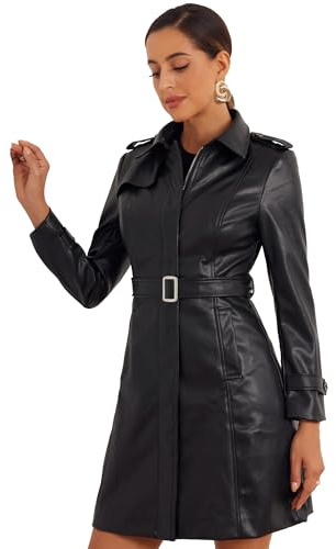 Allegra K Manteaux mi-Longue Femme Trench en Simili Cuir avec Ceinture Veste Faux Cuir Coupe Cintrée Col à Revers et Manches Longues Blouson PU de Motard Noir XL