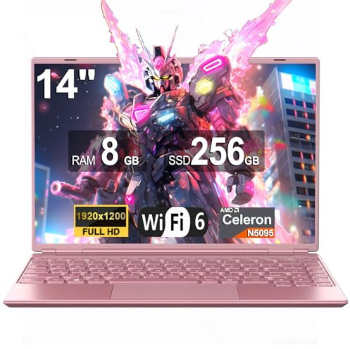 NOTODD 2025 Ordinateur Portable 14 Pouces Win11 Pro PC Portable Gamer Celeron N5095 8Go RAM 256Go SSD Soutien Extension 1TB(TF 512Go) 1920x1200 Mini HDMI Laptop Type-C AZERTY Clavier Couverture-Rose