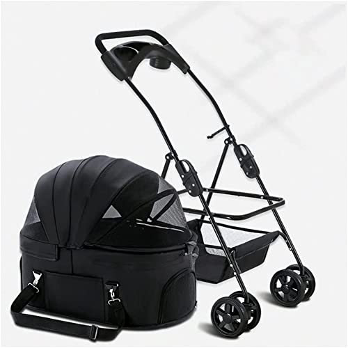GLETSF Hundebuggys, Kinderwagen für kleine und mittelgroße Hunde/Katzen, Haustier-/Katzen-/Hundebuggy, Premium-Kinderwagen, Abnehmbarer Tragetrolley mit Getränkehalter, Regenschutz (blau) (schwarz)