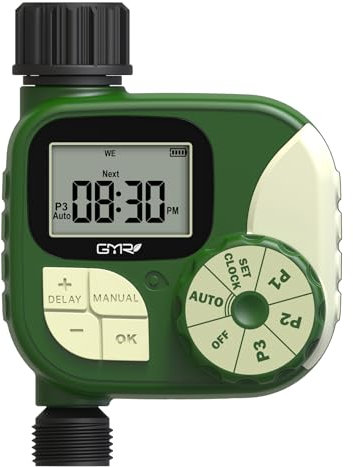 GMR Bewässerungscomputer, Bewässerungssteuerung für Gartenschlauch, Programmierbare Bewässerungsuhr mit 3 Programmen/Regenverzögerung/Manuell/Automatisch Bewässerungssystem, 1 Ausgang