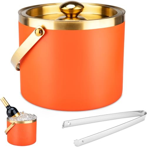 Ice Bucket, 3L Double-Wall Stainless Steel Insulated Ice Bucket With Lid and Ice-Tong, Ice-Buckets for Parties Home Bar, Chilling Beer, Champagne, Wine Bottle(Orange Gold)