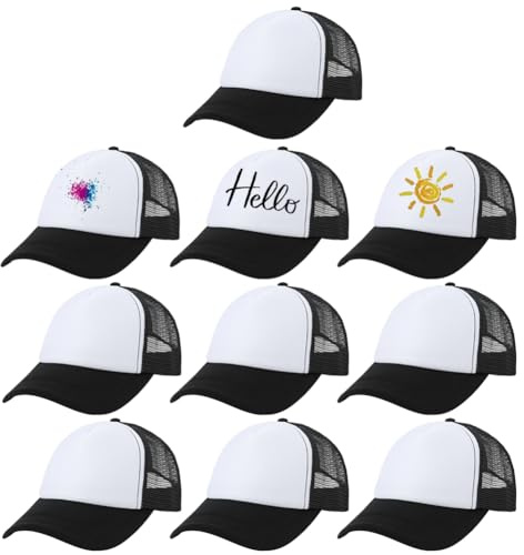 Besforta 10 pièces de casquettes de trucker pour enfants par sublimation, en tissu maillé, réglables, vierges, unies, casquettes de baseball pour bricoleurs, noir/blanc, taille unique