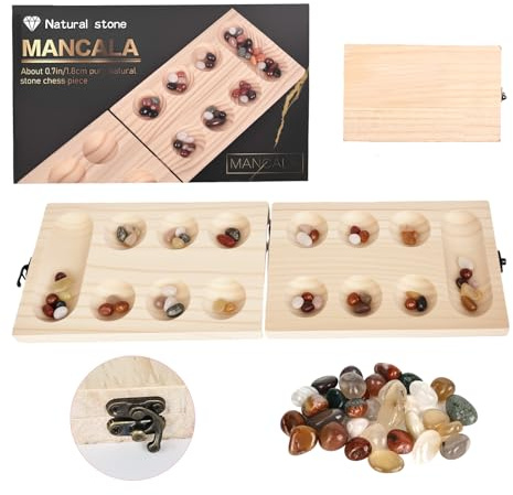 Junrvivy Träleksaker Kalaha - Mancala-spel för barn och vuxna - Premium rese-spel - Familjelek - Sagaland - Trälek med stenar