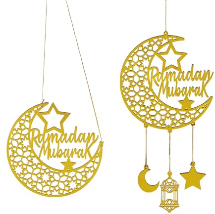 2PCS Ramadan Mubarak Hanging Decorations, 8×8'' Golden Acrylic Eid Decor with Rope, Islamic Castle Star Moon Ornament for Home Door Wall, Muslim Eid Al-Fitr Party Supplies and Kareem Gift