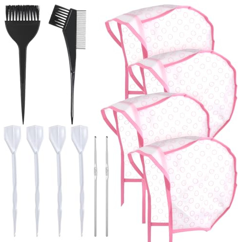 12 Pcs Highlighting Caps with Hooks, 4 Sets of Pink Hair Coloring Frosting Dye Kits with 3 Metal Hook and 2 Hair Dye Brush for Salon Hair Dyeing Hairdressing and DIY Dyeing Hair, Pink Highlight Cap