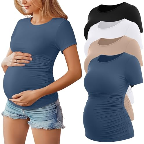 Geyoga 4 Pack Women's Maternity Shirts, Crew Neck Maternity Top Short Sleeve Casual Cotton Tee Side Ruched Pregnancy Clothes(Black, White, Khaki, Haze Blue,Medium)
