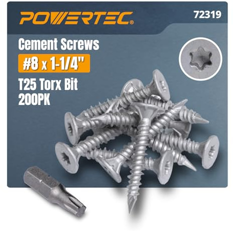 POWERTEC Cement Screws #8 x 1-1/4″, Ruspert Coated Concrete Screws with T25 Torx Star Drive Bit – High-Low Thread Masonry Screws for Cement Board, Concrete & Brick, 200-Pack (72319)