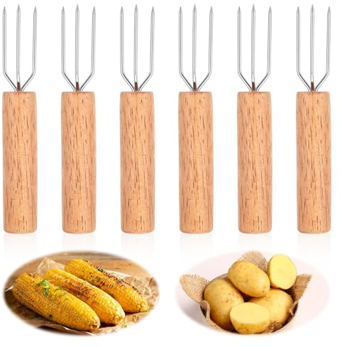 DOPENSPI 6 forchette per patate in legno, 10,5 cm, in acciaio inox, per patate, a tre zampe, riutilizzabili, per verdure e grigliate