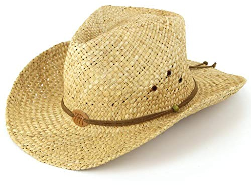 Straw cowboy hat with leather band detail and three horses badge. Natural